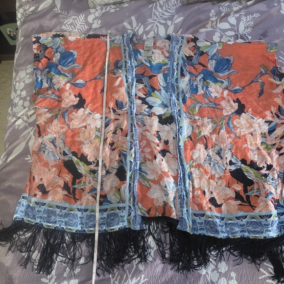 Chico's Floral Kimono Topper Ruana Fringe Orange Blue Black Size Small/Medium - Picture 12 of 16